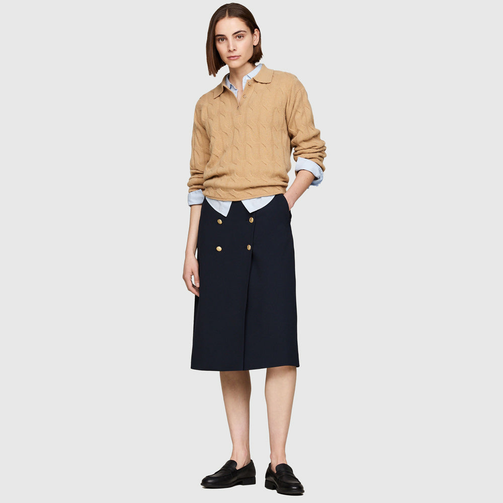 Gold Button Twill Midi Skirt - Navy