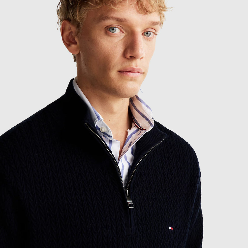Herringbone Zip Sweater - Navy