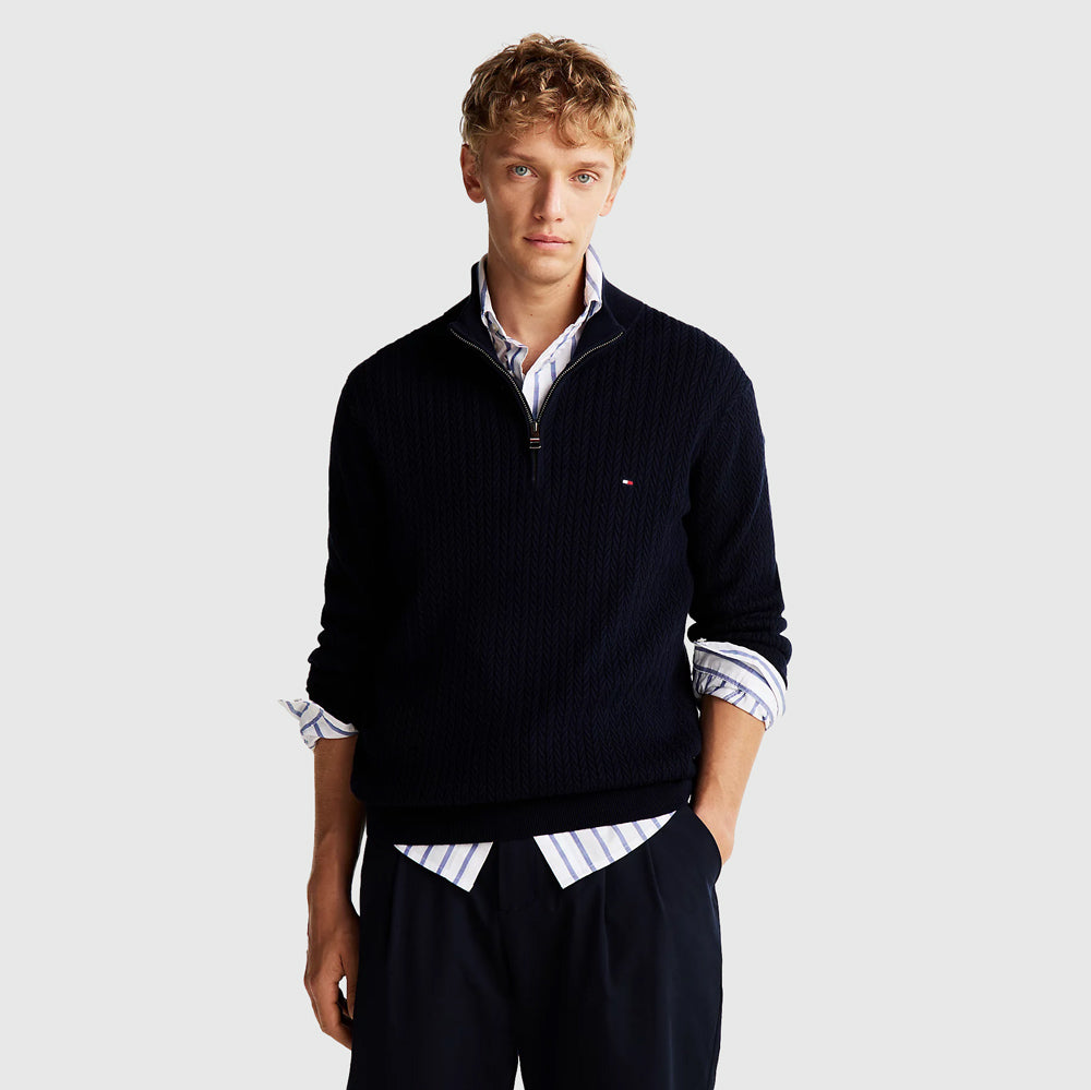 Tommy Hilfiger Herringbone Zip Sweater - Navy |ThirdBaseUrban