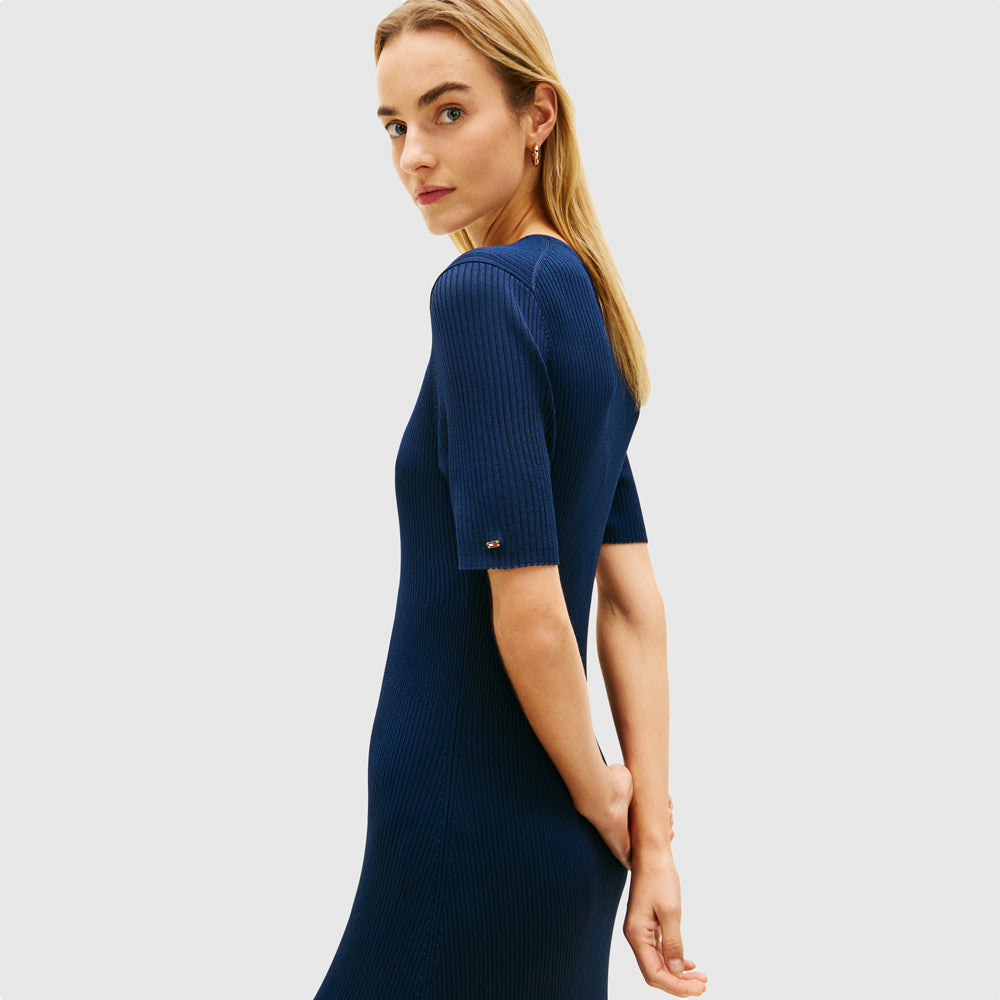 tommy jeans ribbed midi dress Tommy Hilfiger Ribbed short-sleeve Midi Dress | Black