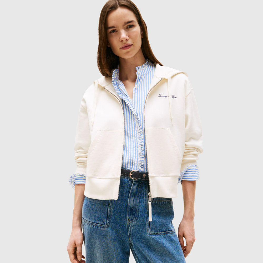Tommy Hilfiger Script Pique Zip-Up Hoodie - Ivory |ThirdBaseUrban