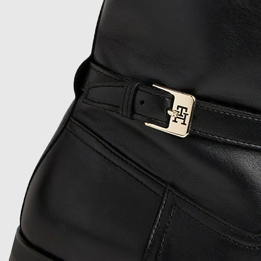Buckle Riding Leather Boot - Black
