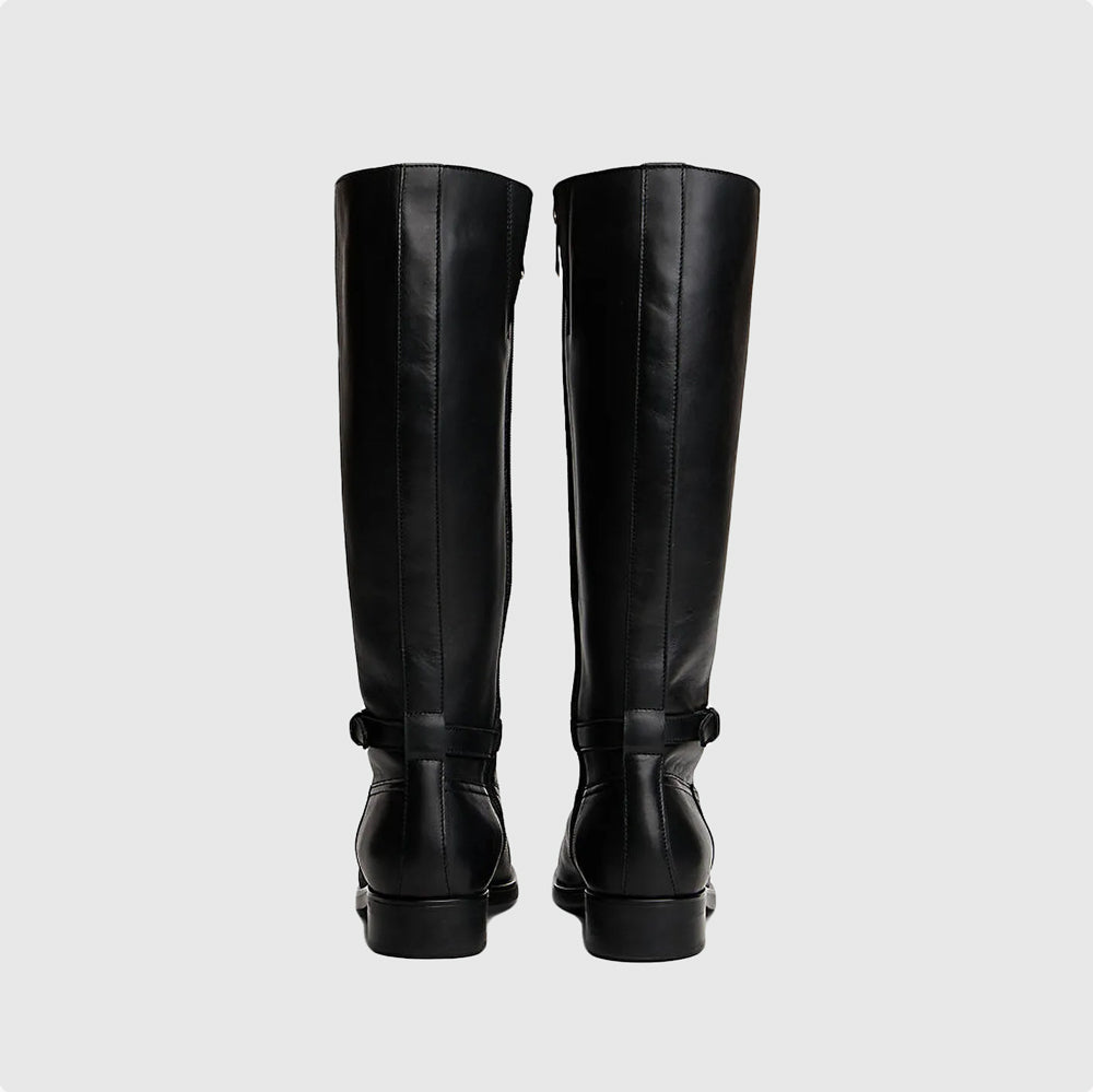 Buckle Riding Leather Boot - Black