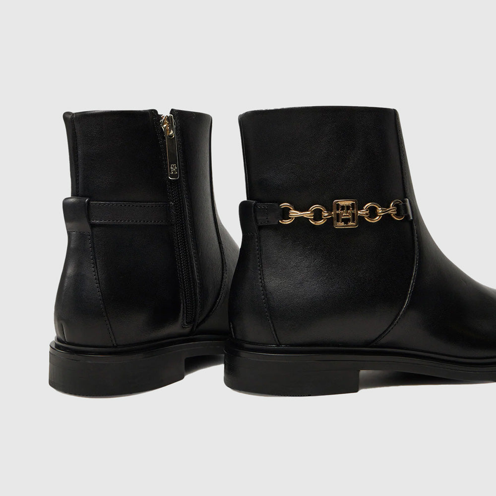 Chain Leather Low Bootie - Black