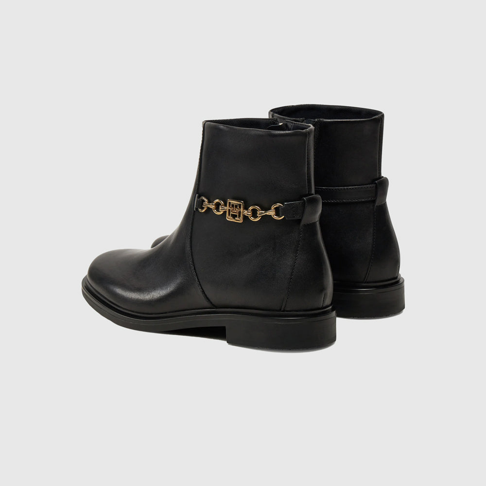 Chain Leather Low Bootie - Black