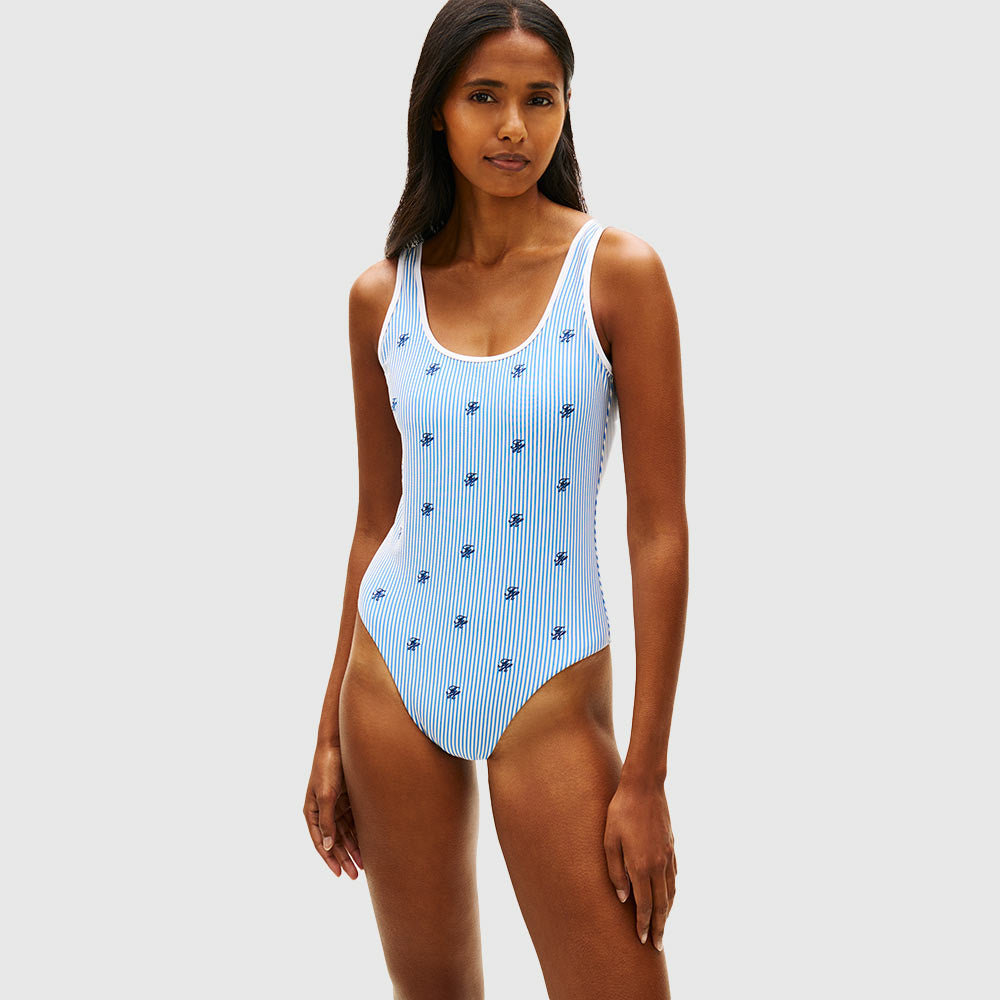 Logo Embroidery Scoop Back Swimsuit - Light Blue