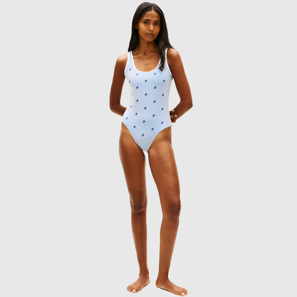 Logo Embroidery Scoop Back Swimsuit - Light Blue