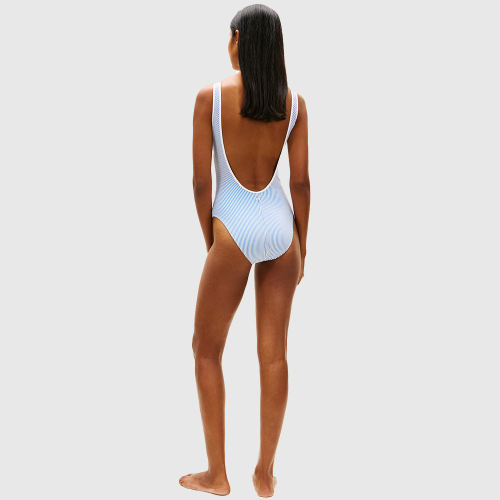 Logo Embroidery Scoop Back Swimsuit - Light Blue