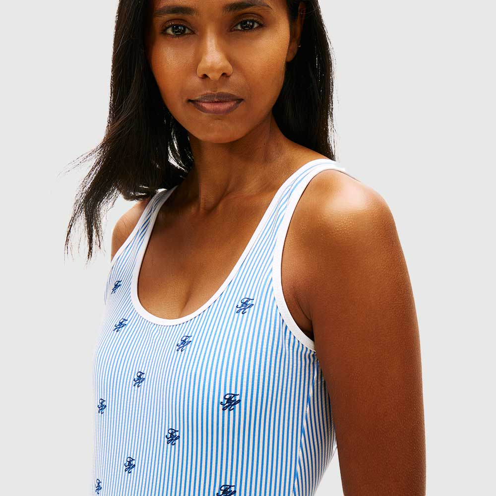 Logo Embroidery Scoop Back Swimsuit - Light Blue