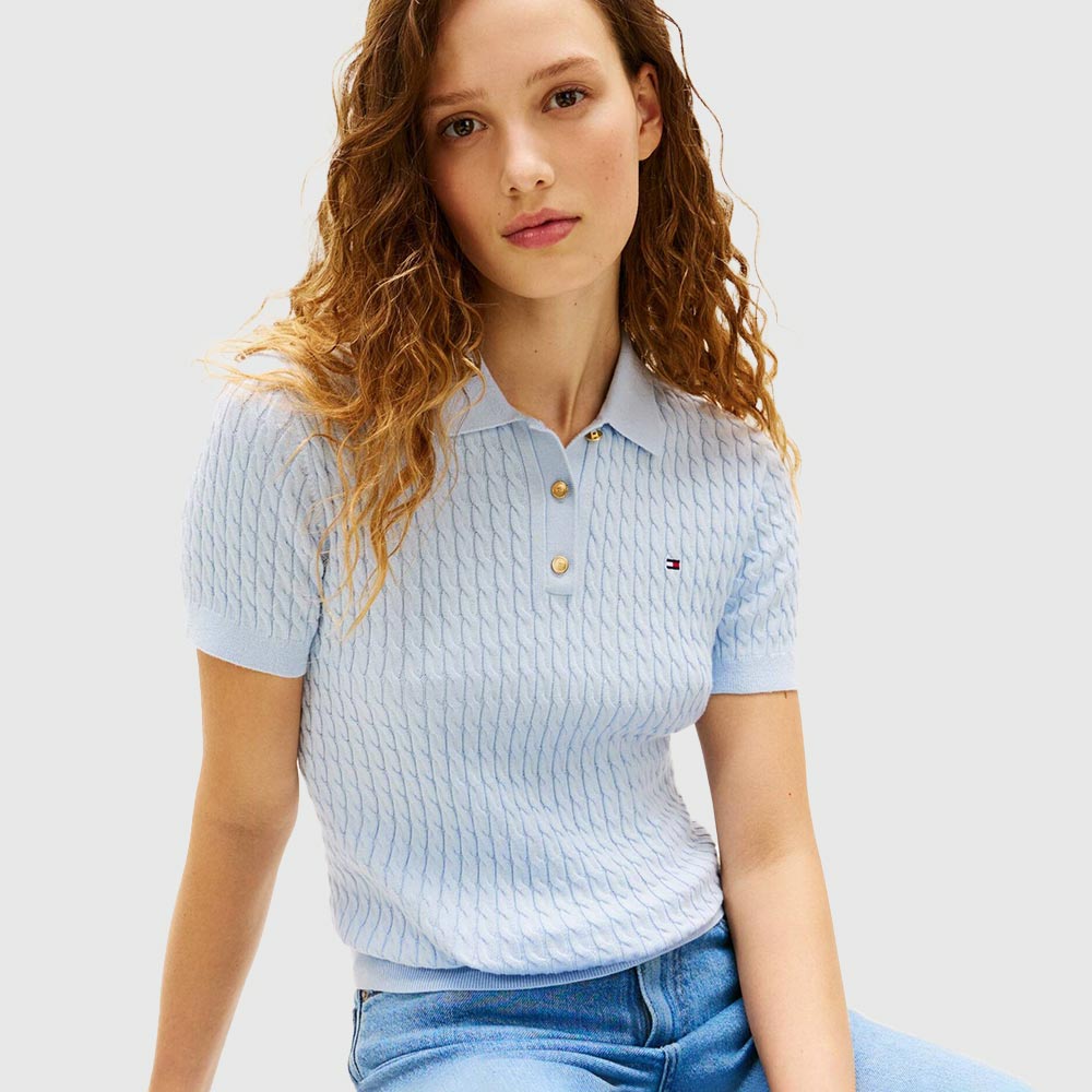 Cable Knit Polo Sweater - Blue