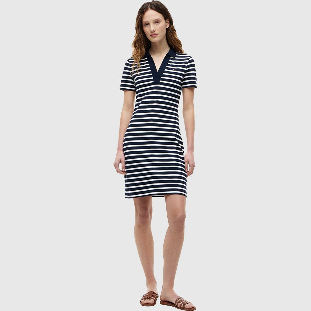 Slim Open Neck Polo Dress - Navy Multi
