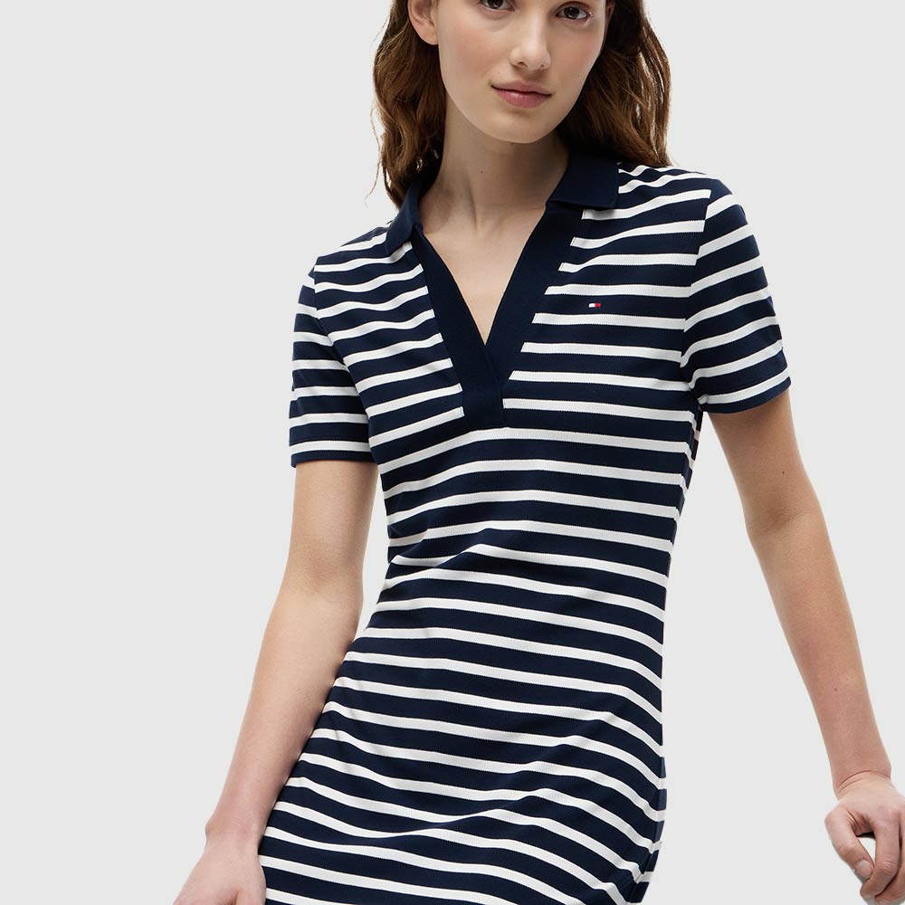 Slim Open Neck Polo Dress - Navy Multi