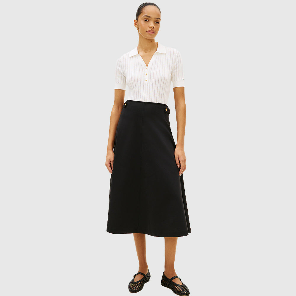 Gold Button Cotton Midi Skirt - Black