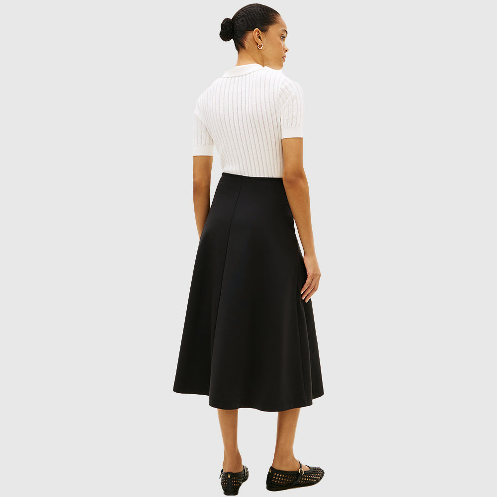 Gold Button Cotton Midi Skirt - Black