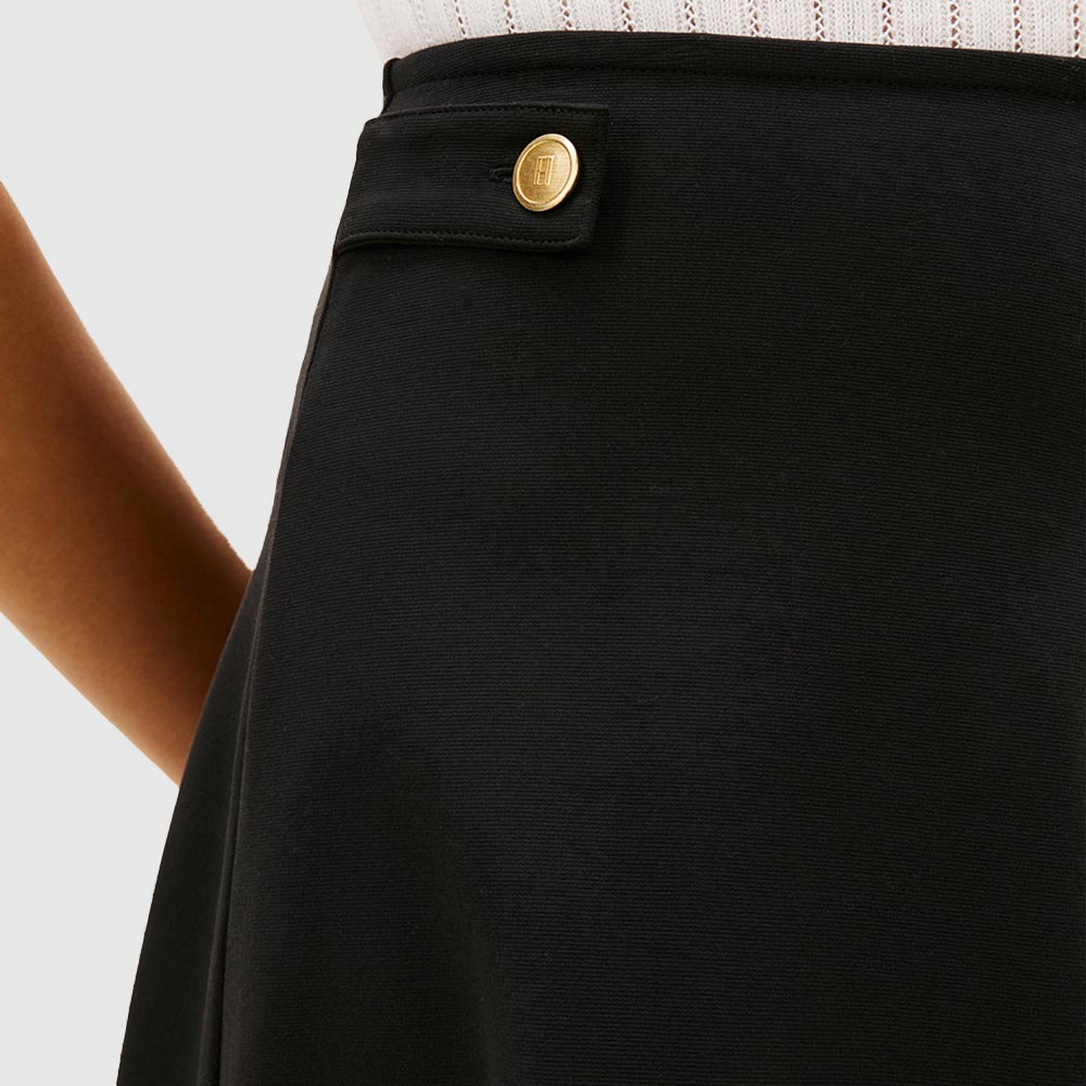 Gold Button Cotton Midi Skirt - Black