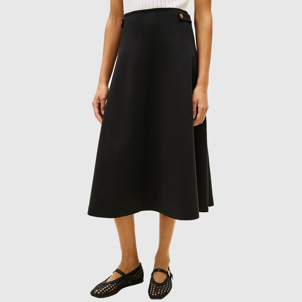 Gold Button Cotton Midi Skirt - Black