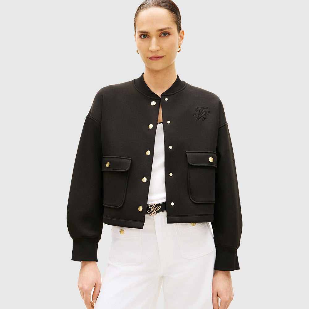 Gold-Tone Button Relaxed Bomber - Black