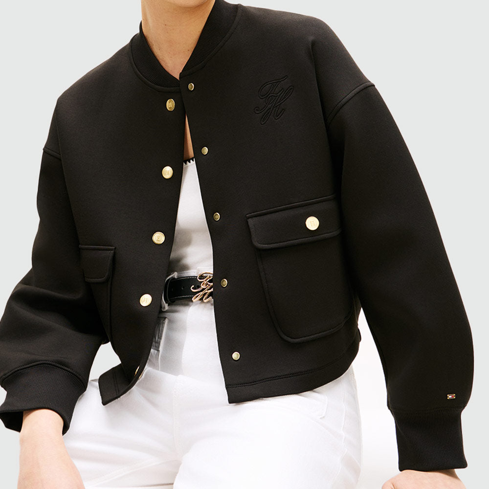 Gold-Tone Button Relaxed Bomber - Black