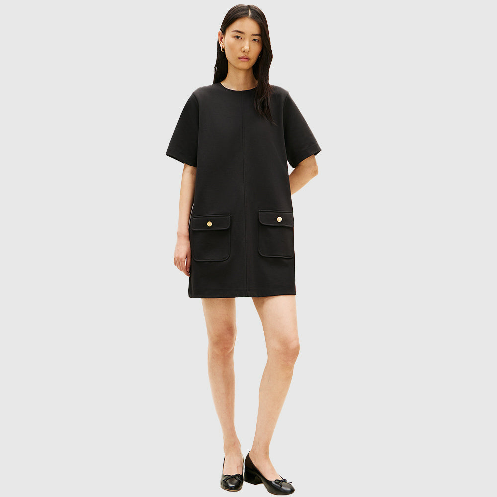 Gold Button Shift Mini Dress - Black