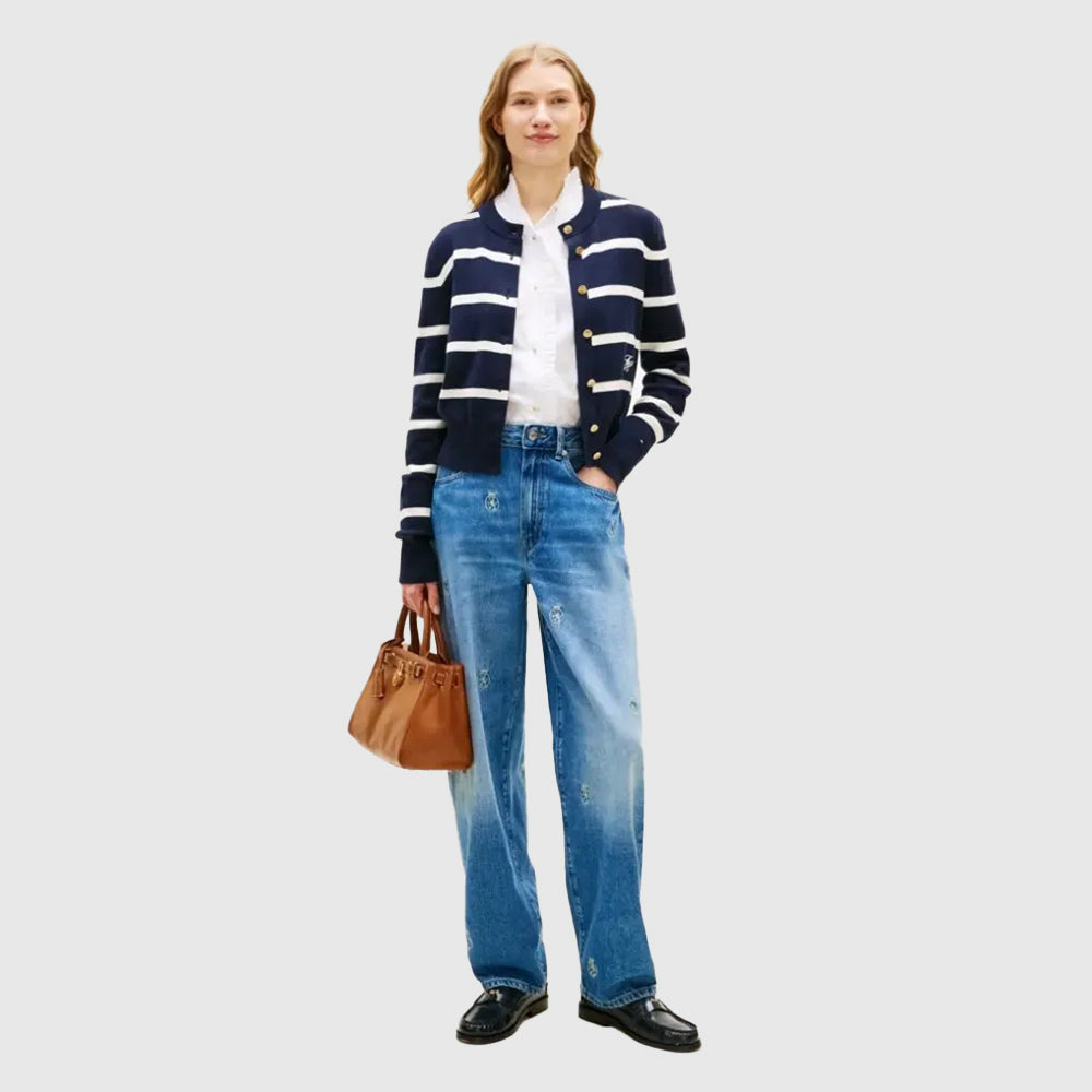 Crest Embroidery Mid Rise Barrel Leg Jeans - Denim Medium