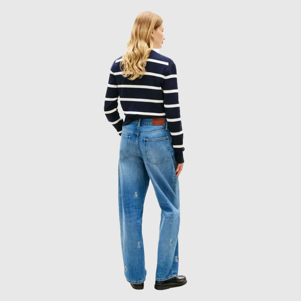 Crest Embroidery Mid Rise Barrel Leg Jeans - Denim Medium