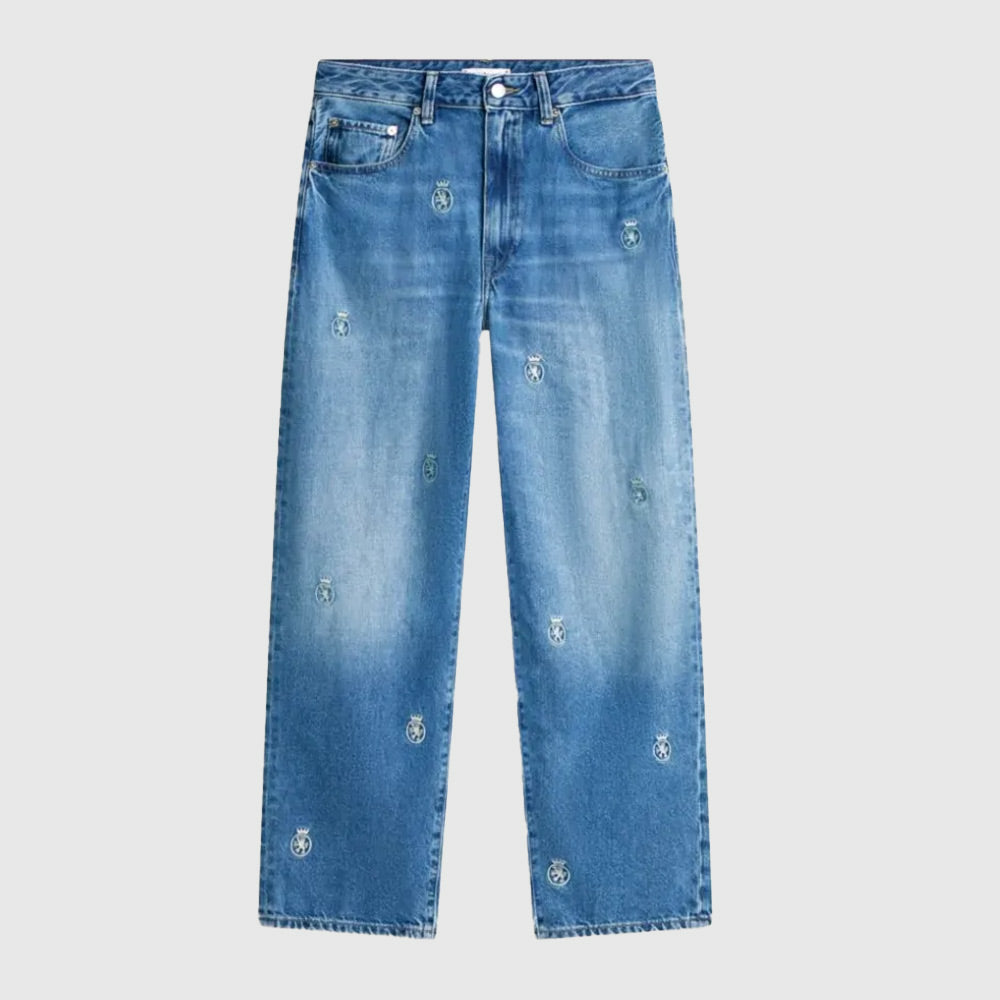 Crest Embroidery Mid Rise Barrel Leg Jeans - Denim Medium