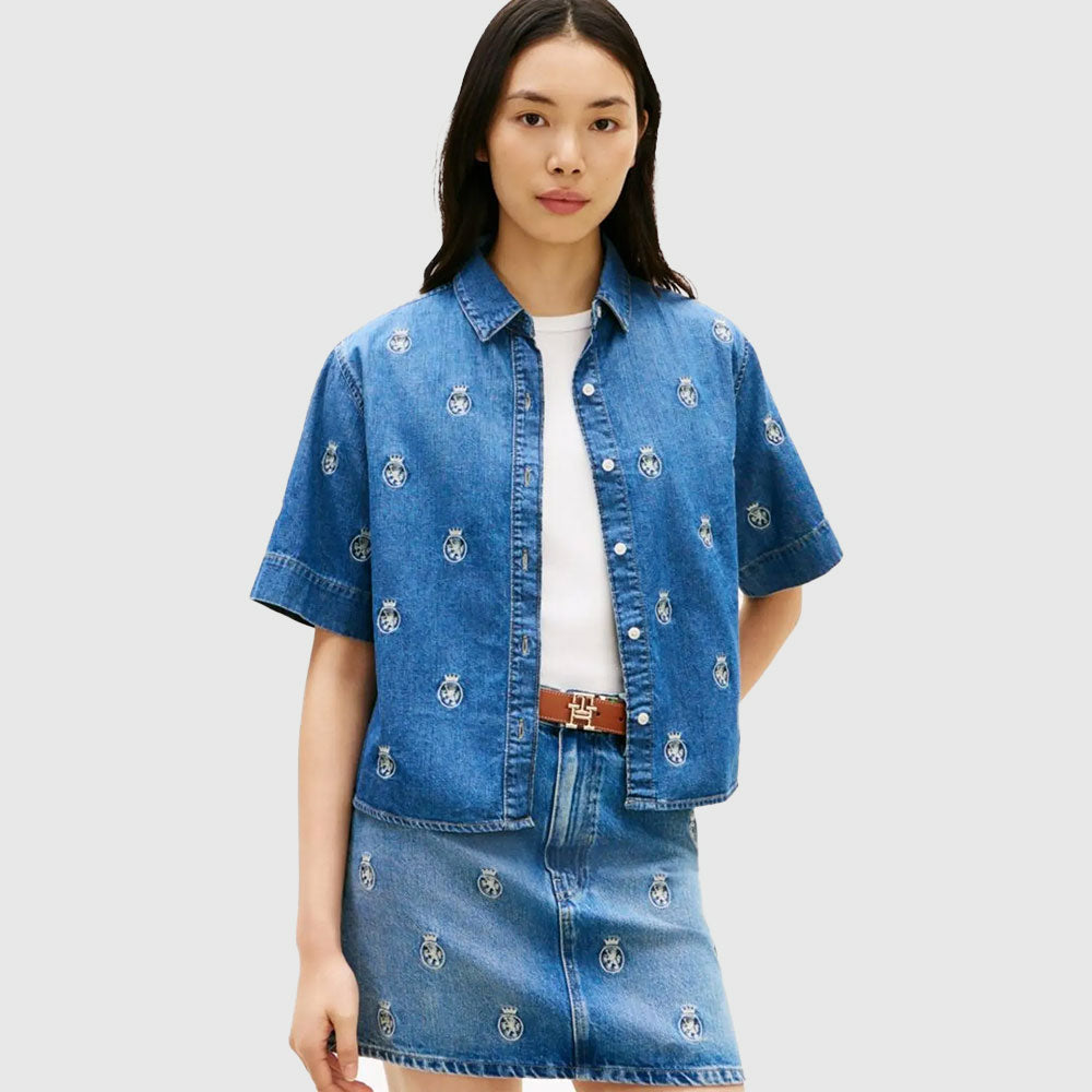 Embroidery Short Sleeve Denim Shirt - Denim Medium