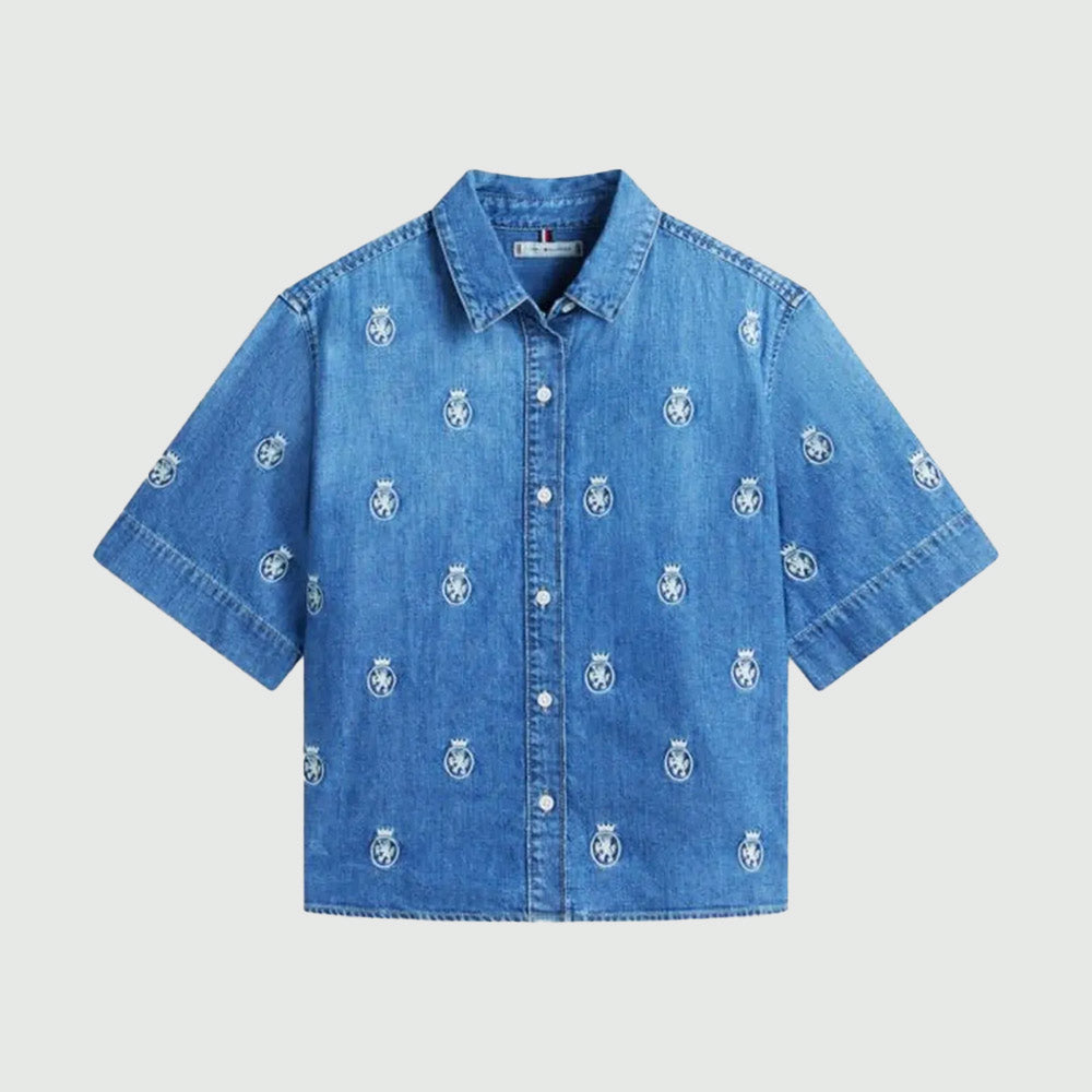 Embroidery Short Sleeve Denim Shirt - Denim Medium