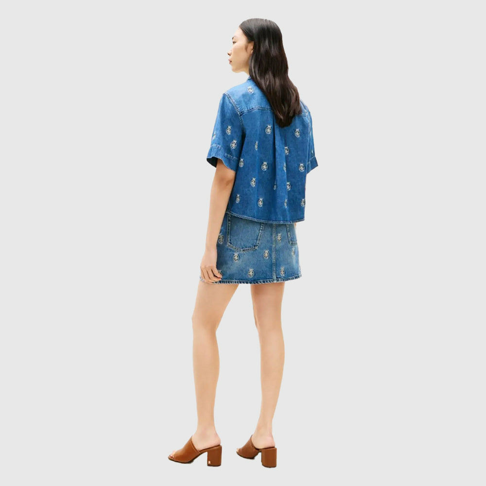 Embroidery Short Sleeve Denim Shirt - Denim Medium