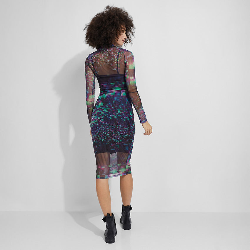 Long Sleeve Mesh Dress - Black Multi