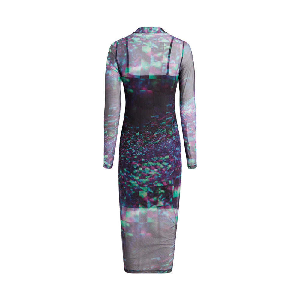 Long Sleeve Mesh Dress - Black Multi