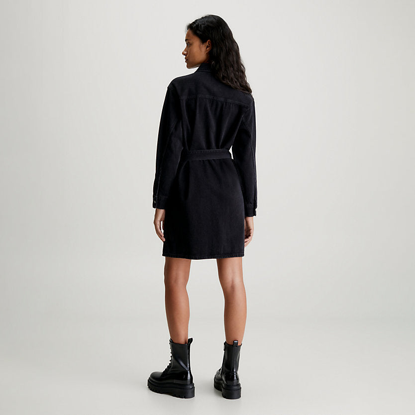 Belted Denim Shirt Dress - Washed Black