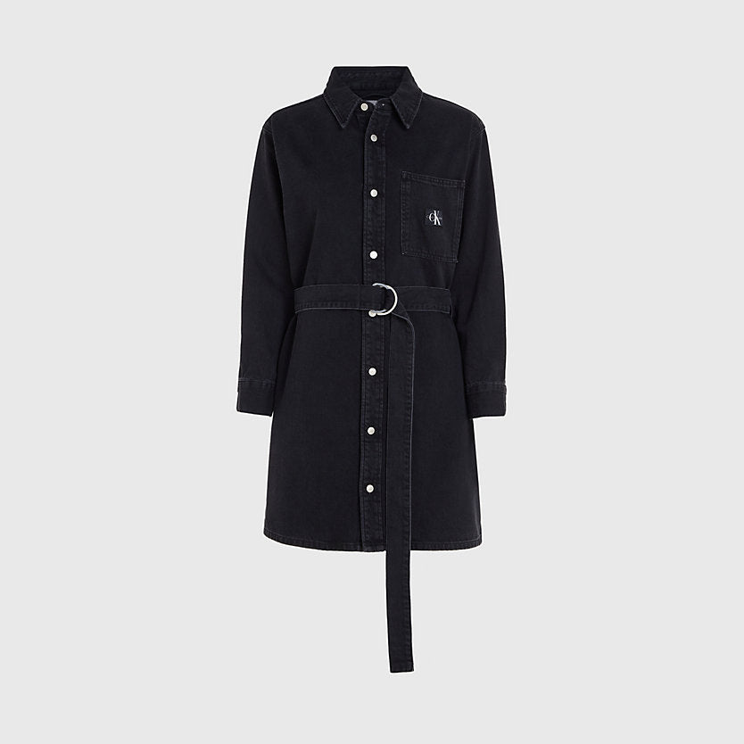 Belted Denim Shirt Dress - Washed Black