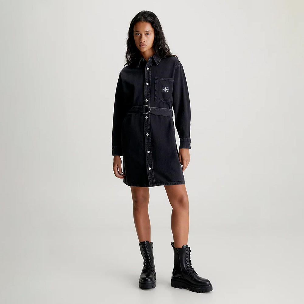 Belted Denim Shirt Dress - Washed Black