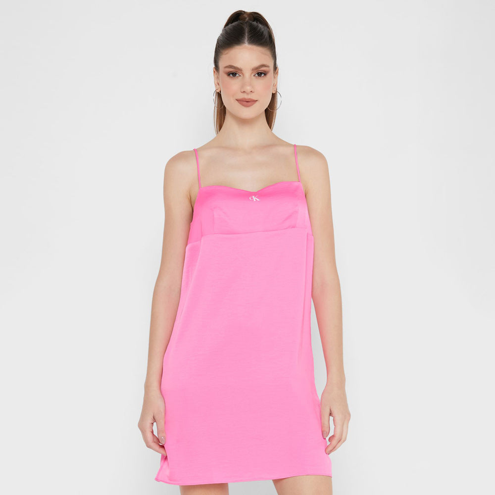 Bust Seaming Satin Cami Dress - Hot Pink