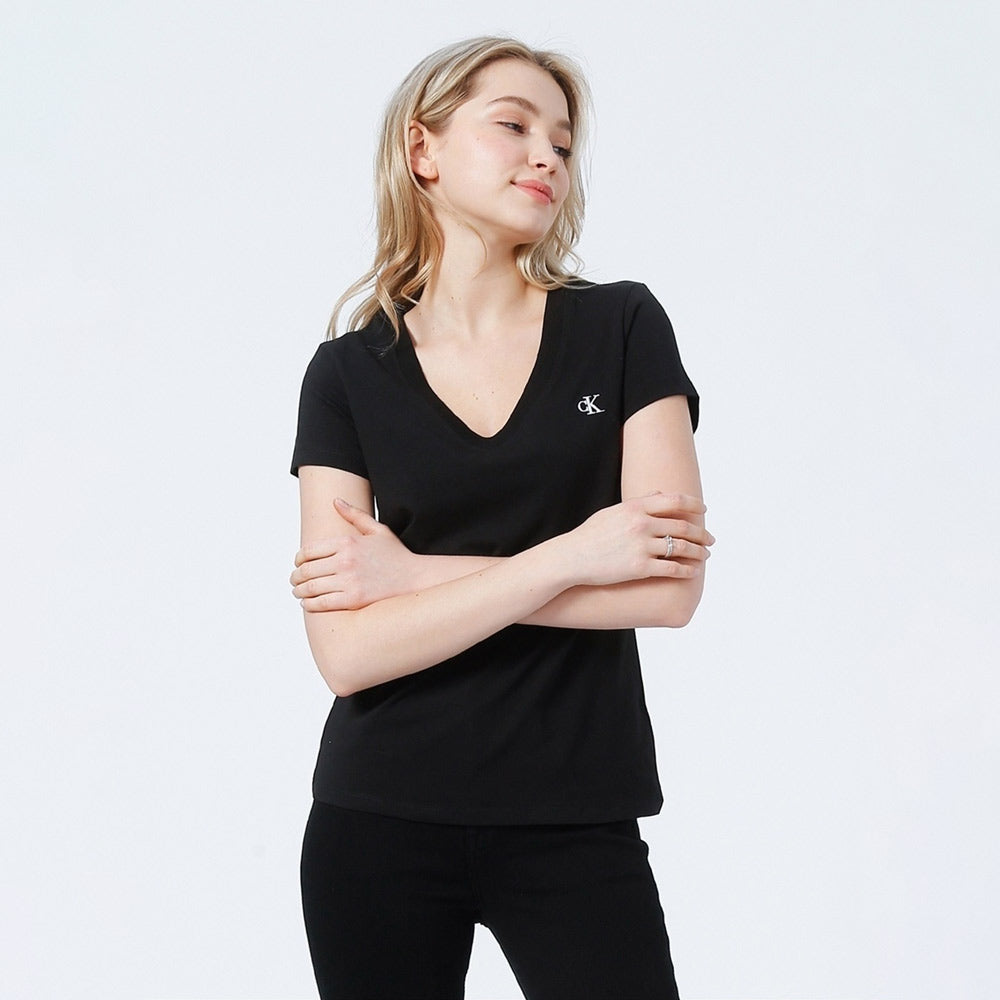 Embroidery Stretch V-Neck T-Shirt - Black