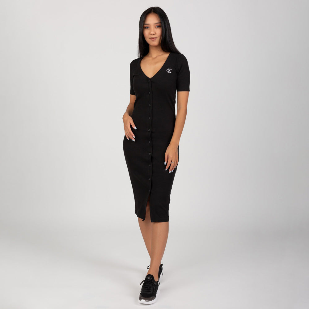 Button Through Rib Long Dress - Black