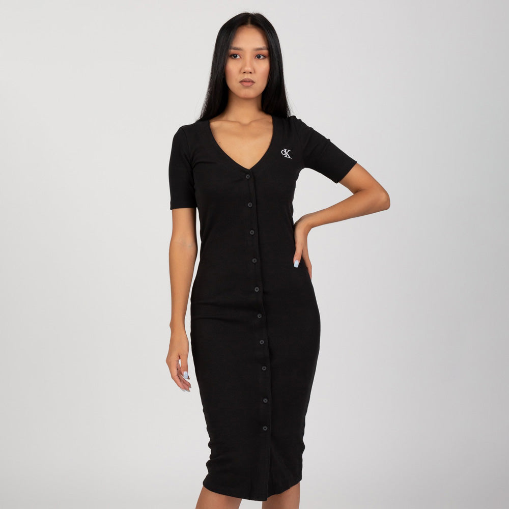 Button Through Rib Long Dress - Black