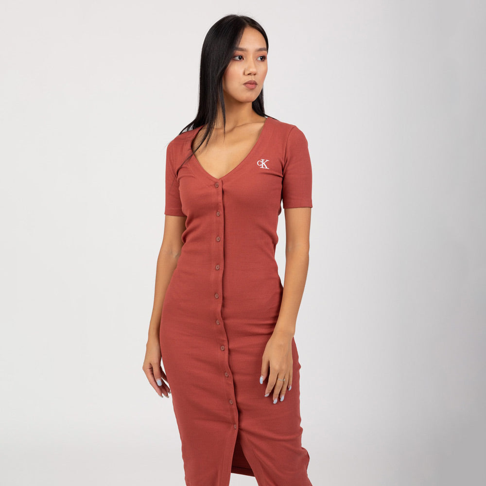 Button Through Rib Long Dress - Red