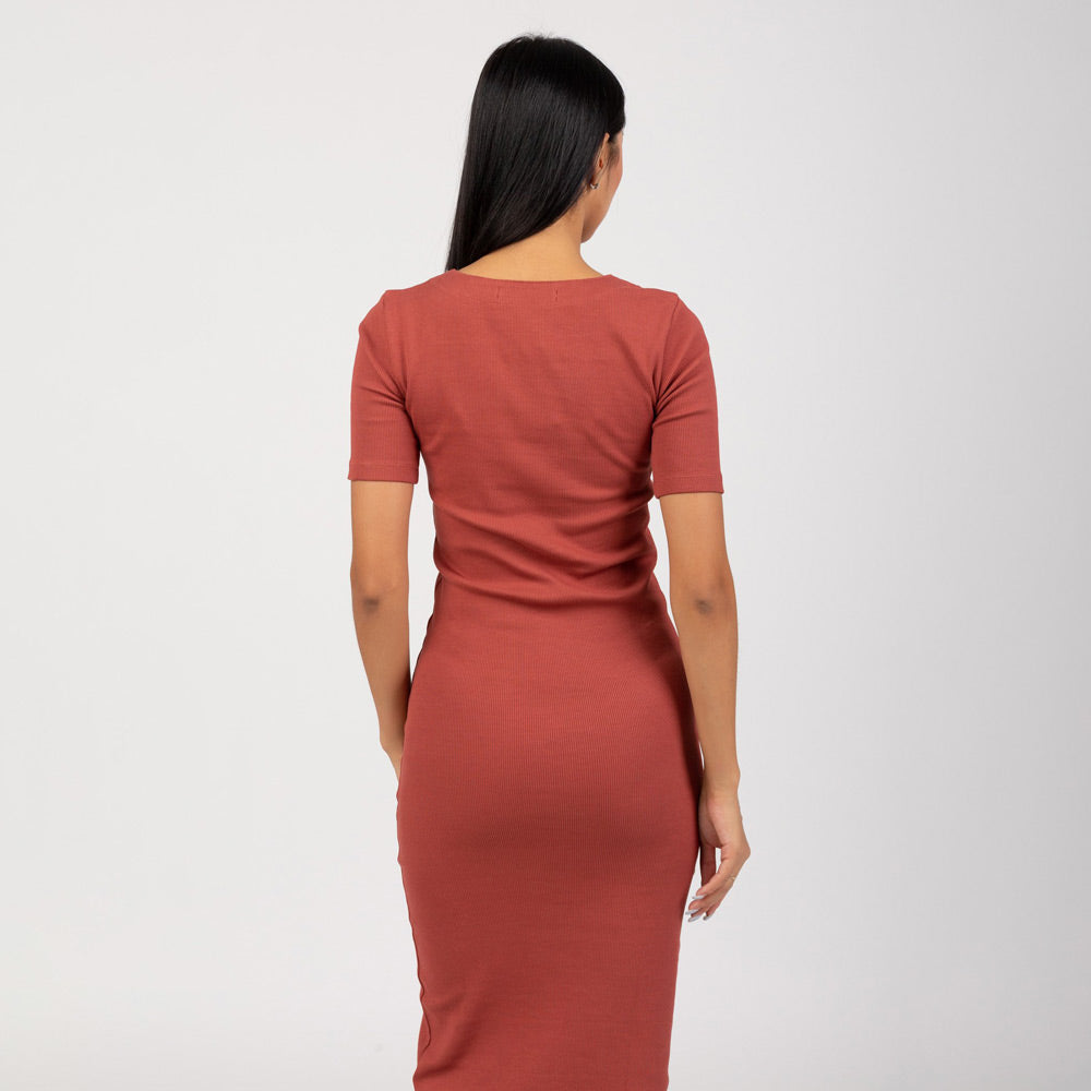 Button Through Rib Long Dress - Red