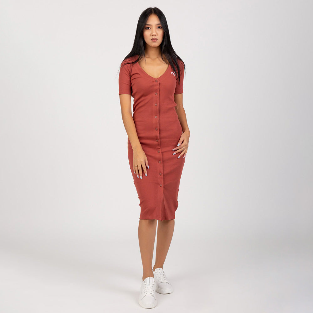 Button Through Rib Long Dress - Red