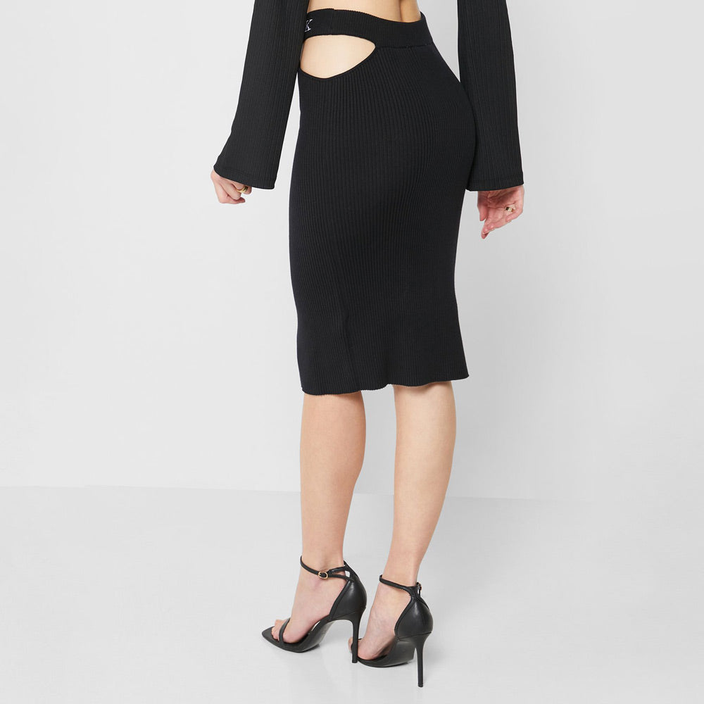 Cut Out Waistband Knitted Skirt - Black