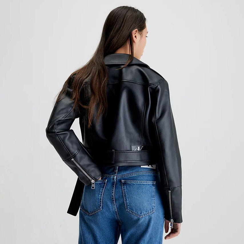 Faux Leather Crop Biker Jacket - Black