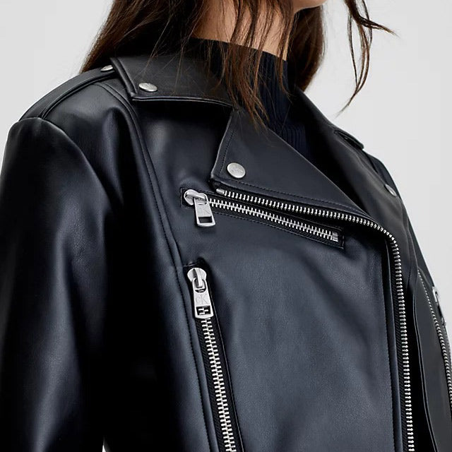 Faux Leather Crop Biker Jacket - Black