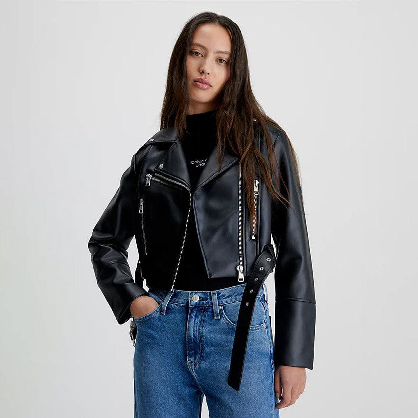 Faux Leather Crop Biker Jacket - Black