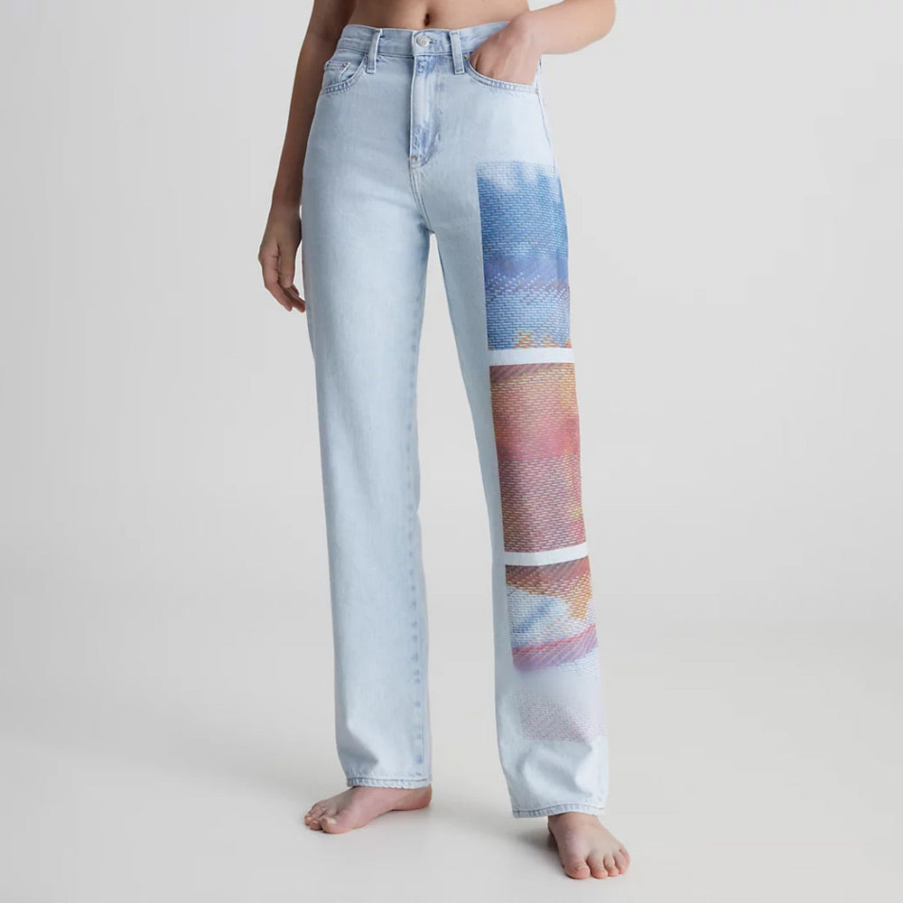 High Rise Straight Printed Jeans - Denim Light