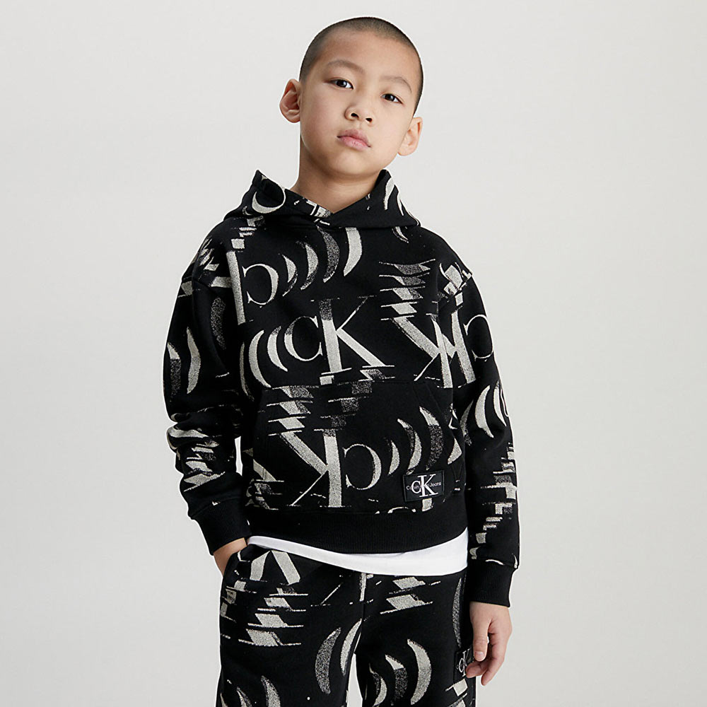 Kids Glitched Monogram Hoodie - Black