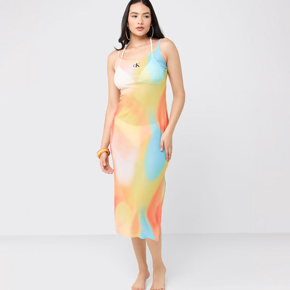 Printed Mesh Beach Dress - Multi