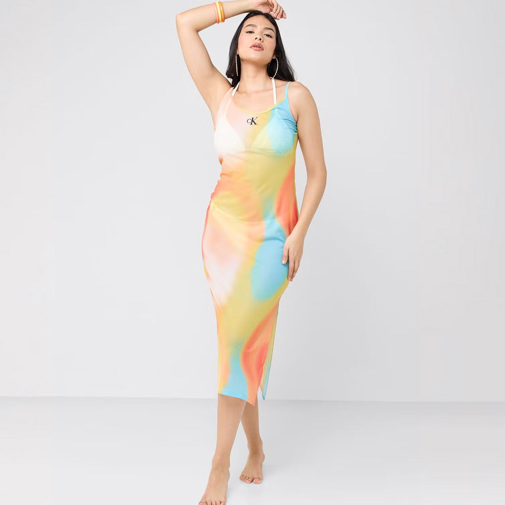 Printed Mesh Beach Dress - Multi