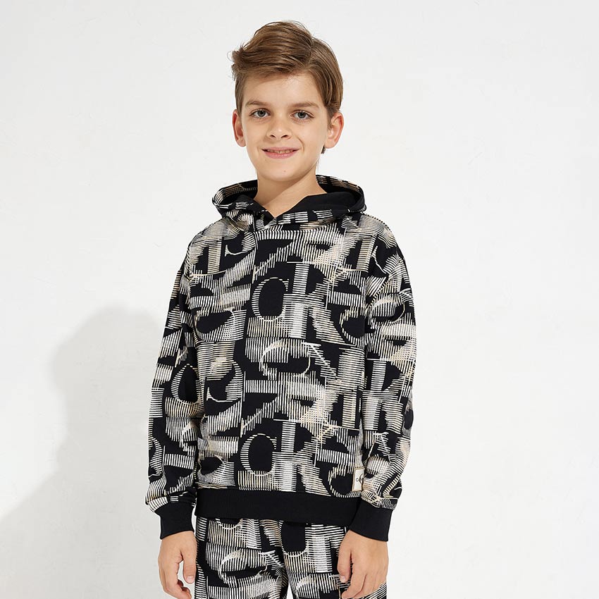 Kids Monogram Print Hoodie - Black Multi